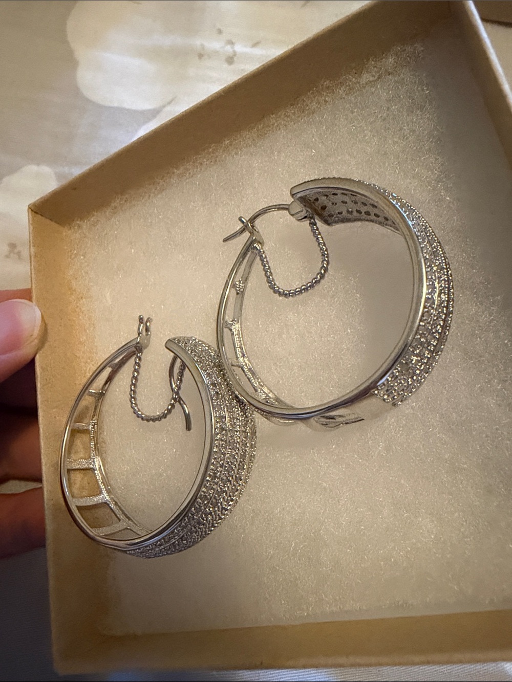Rhodium over Brass Lab Diamonds Pavé Hoop Earrings - Picture 3 of 3